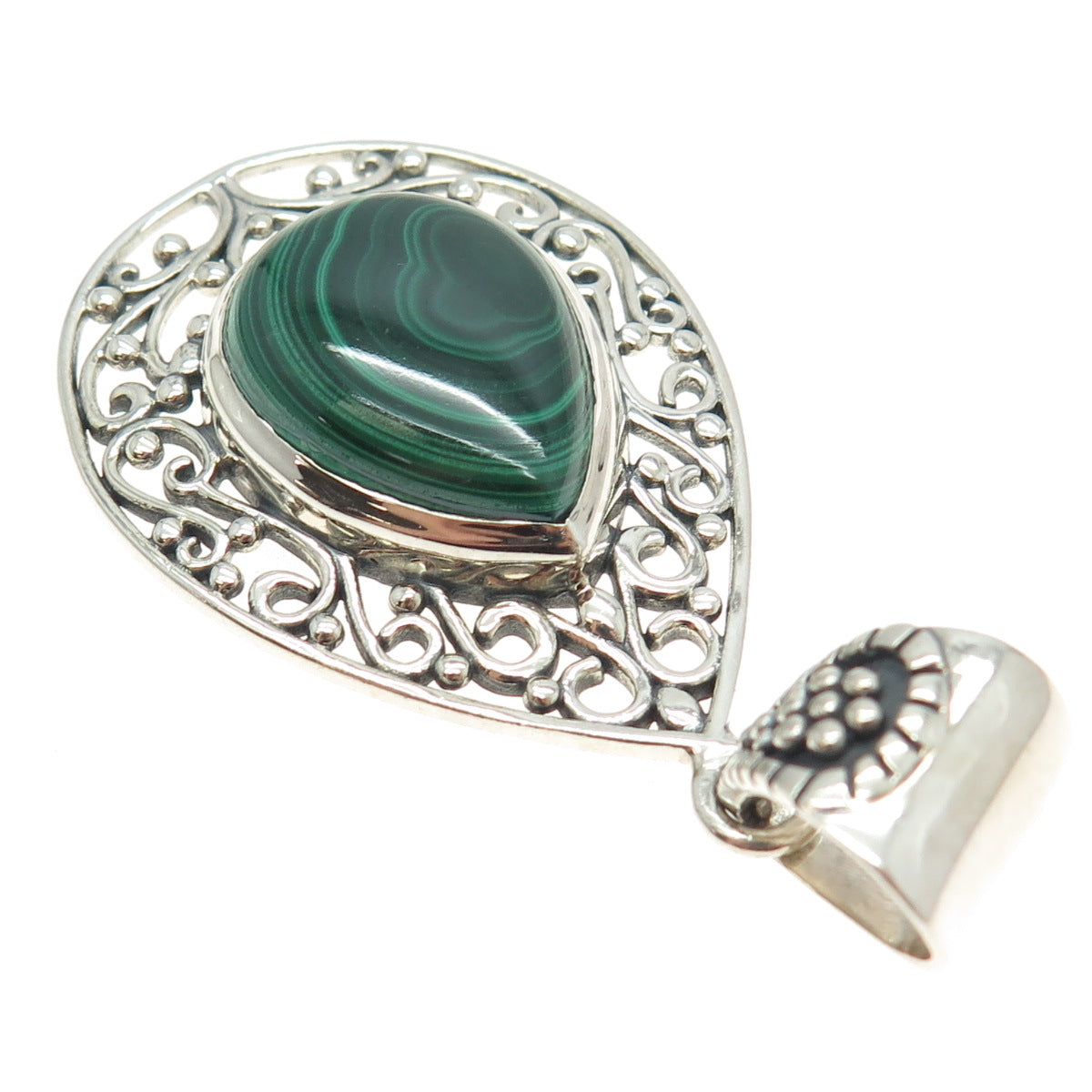 ARYA 925 Sterling Silver Vintage Real Malachite Swirl Teardrop Pendant