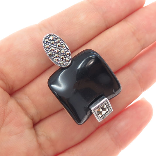 925 Sterling Silver Vintage Real Black Onyx & Marcasite Modernist Charm Pendant