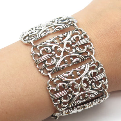 925 Sterling Silver Vintage Ornate Wide Panel Link Bracelet 7"