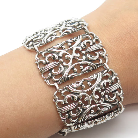 925 Sterling Silver Vintage Ornate Wide Panel Link Bracelet 7"