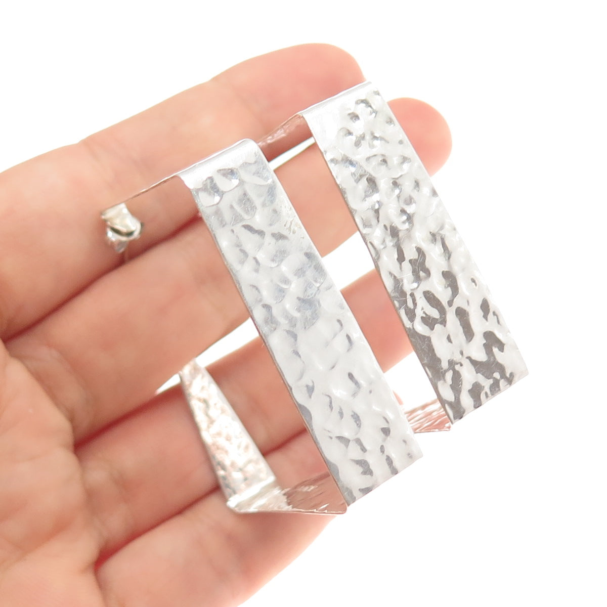 925 Sterling Silver Vintage Mexico Modernist Hammered Square Hoop Earrings