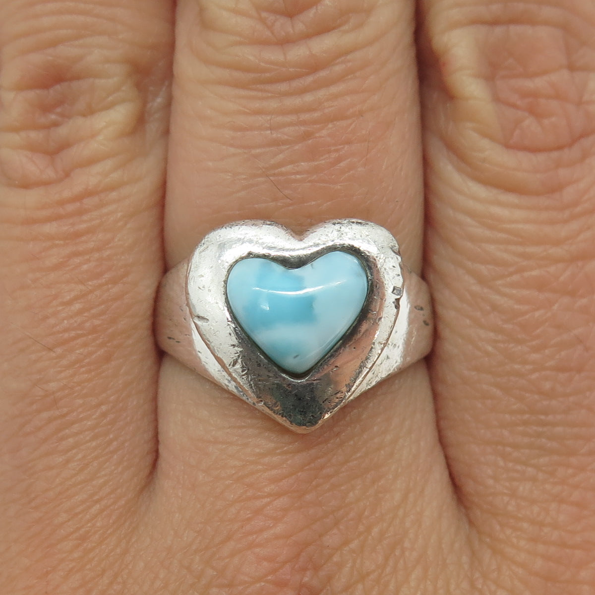 925 Sterling Silver Vintage Real Larimar Gemstone Heart Ring Size 8.25