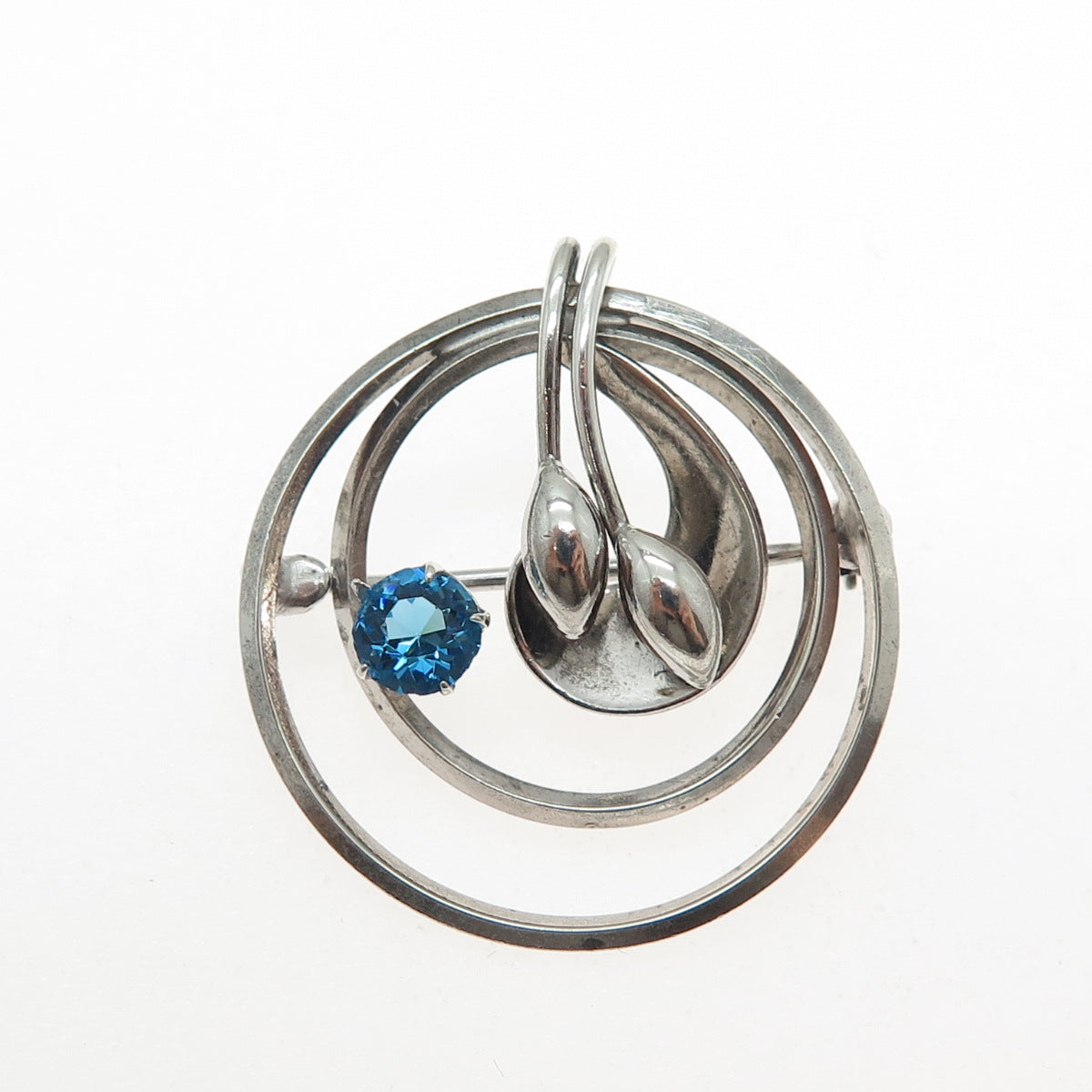 CARL ART 925 Sterling Silver Antique Blue Rhinestone Floral Oxidized Pin Brooch