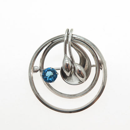 CARL ART 925 Sterling Silver Antique Blue Rhinestone Floral Oxidized Pin Brooch