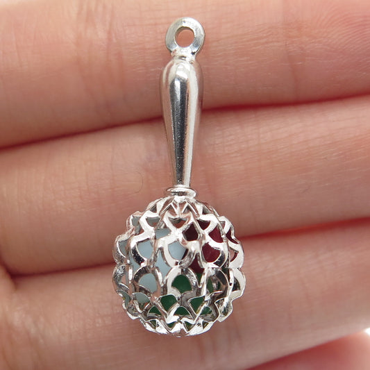 925 Sterling Silver Antique Art Deco Real Multi-Color Gem Baby Rattle Pendant