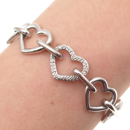 925 Sterling Silver Real Diamond Heart Link Bracelet 7.5"