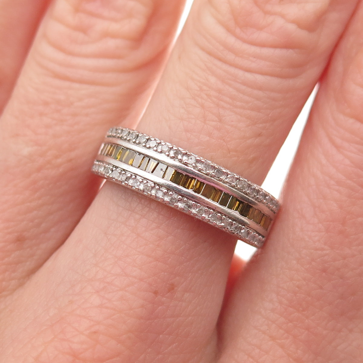 925 Sterling Silver Real White & Canary Diamond Ring Size 8