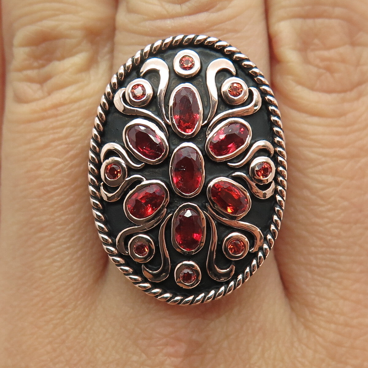 DSMK 925 Sterling Silver Rose Gold Plated Fire Sapphire Statement Ring Size 7.25