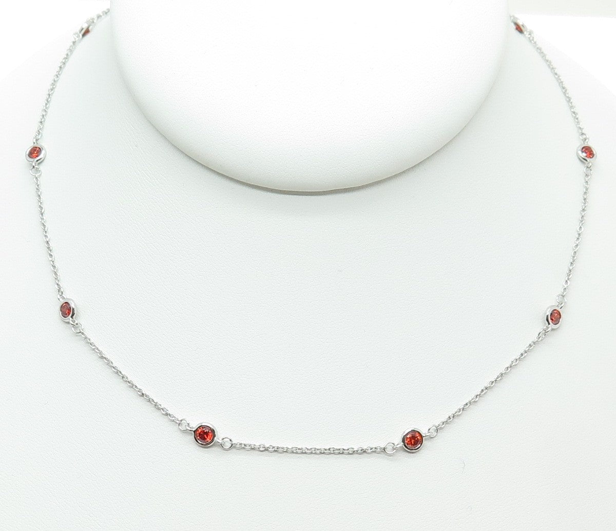 925 Sterling Silver Red Round-Cut Shaped C Z Cable Chain Necklace 18"