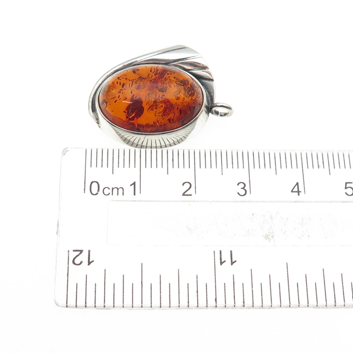 925 Sterling Silver Vintage Real Amber Modernist Floral Oxidized Charm Pendant
