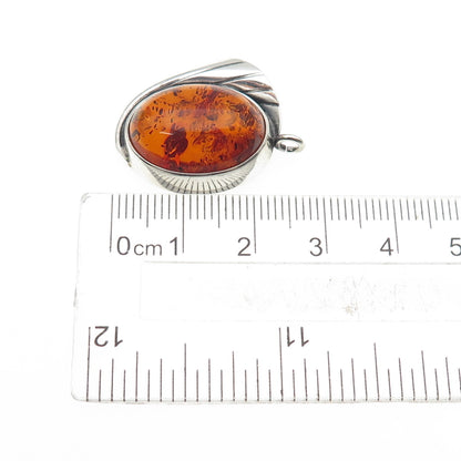 925 Sterling Silver Vintage Real Amber Modernist Floral Oxidized Charm Pendant