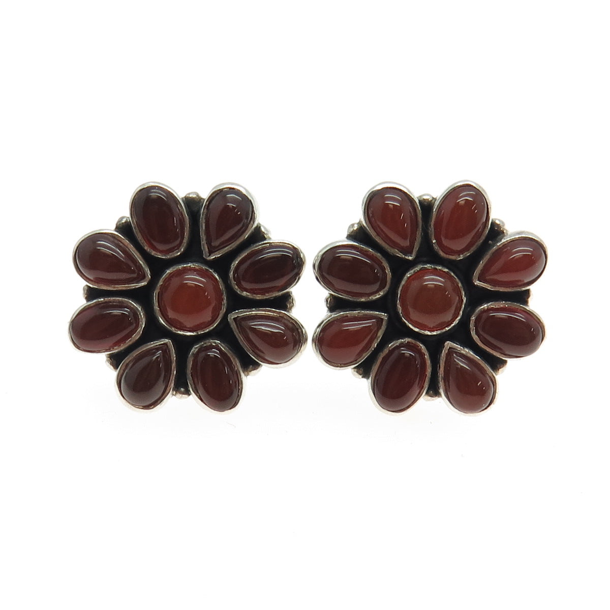 925 Sterling Silver Vintage Real Carnelian Gemstone Floral Earrings