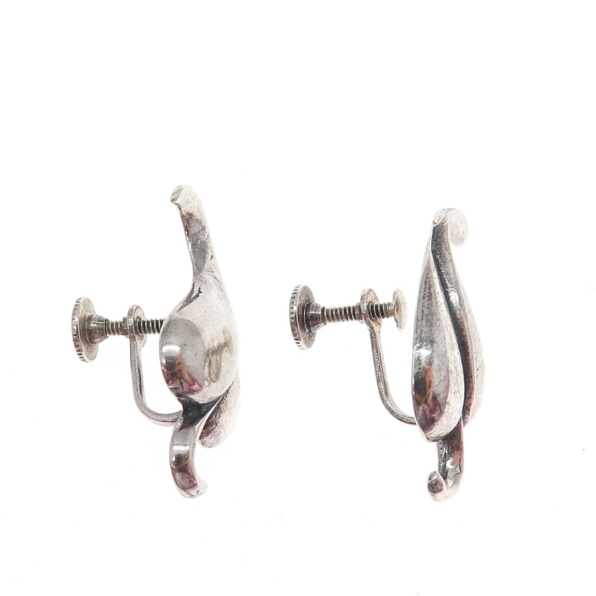 925 Sterling Silver Vintage Modernist Floral Leaf Oxidized Screw Back Earrings