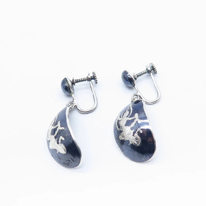 925 Sterling Silver Vintage Siam Niello Hindu Goddess Screw Back Earrings
