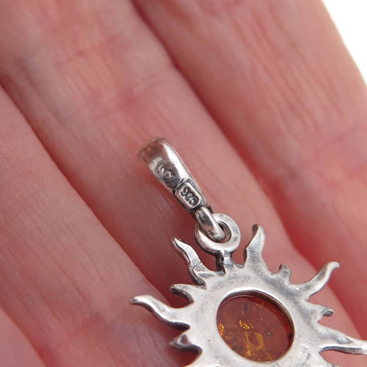 925 Sterling Silver Vintage Poland Real Amber Sun Oxidized Charm Pendant