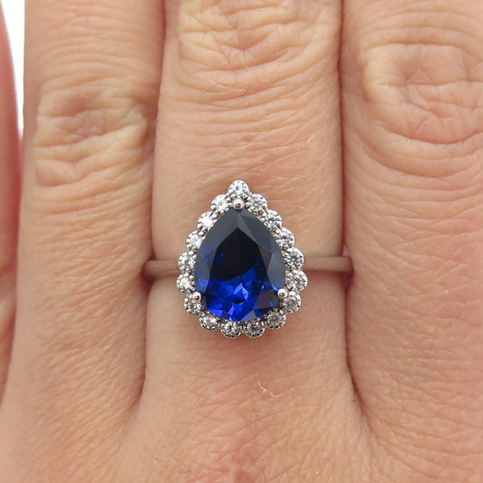 925 Sterling Silver Pear & Round-Cut Blue White Lab-Created Sapphire Ring Size 8