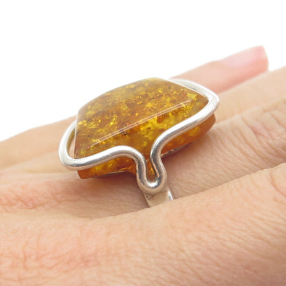 925 Sterling Silver Vintage European Real Amber Modernist Ring Size 6.75