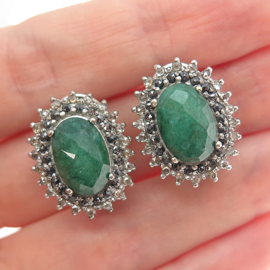 925 Sterling Silver Real Black & White Diamond Emerald Omega Back Earrings