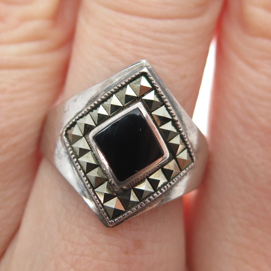 925 Sterling Silver Vintage Real Black Onyx & Marcasite Oxidized Ring Size 8