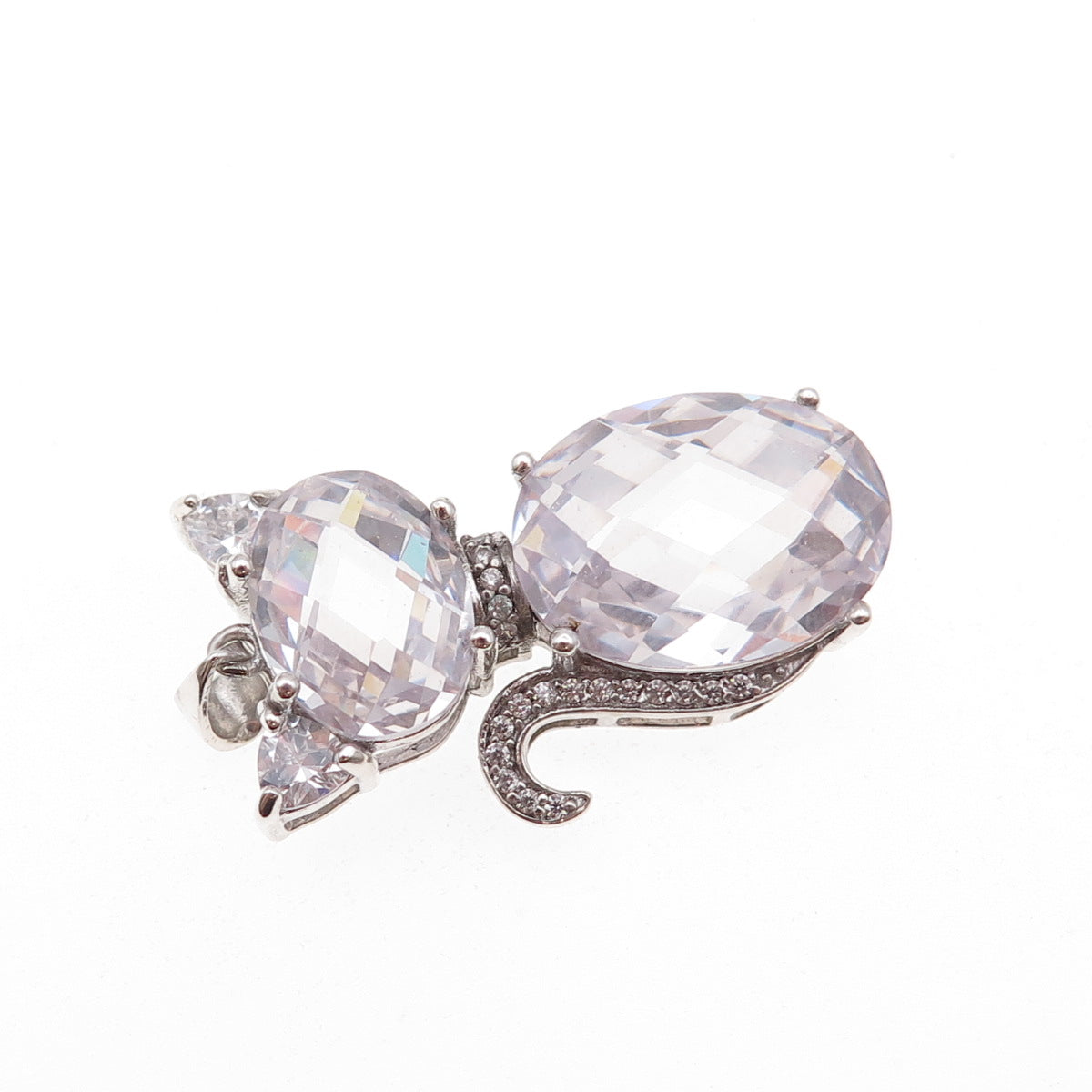 925 Sterling Silver Lavender & White C Z Cat Charm Pendant