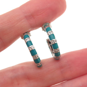 925 Sterling Silver Enamel & C Z Bamboo Hoop Earrings