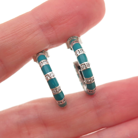 925 Sterling Silver Enamel & C Z Bamboo Hoop Earrings