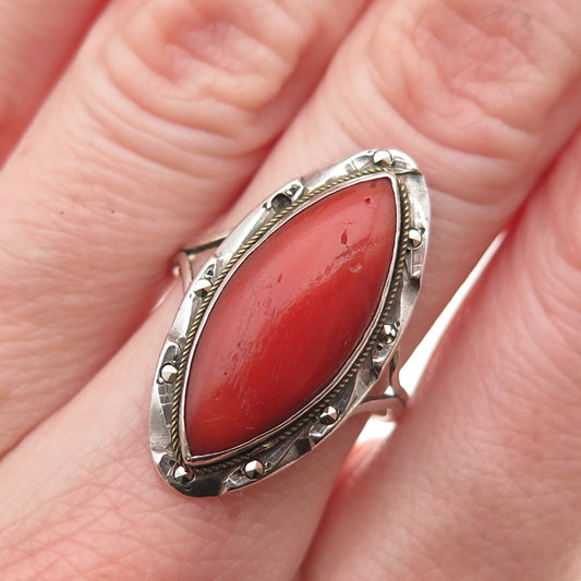 800 Silver Antique Art Deco Real Coral Marcasite Ring Size 6.75 (missing stone)