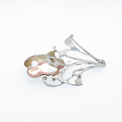 925 Sterling Silver 3-Tone Vintage JR Artisan Modernist Flower Pin Brooch
