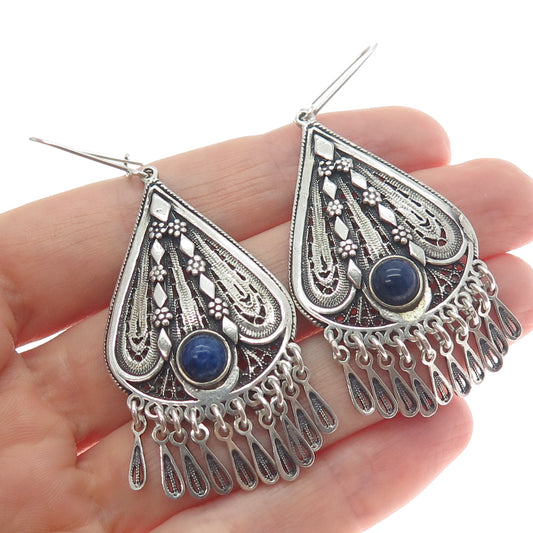 925 Sterling Silver Vintage Real Lapis Oxidized Filigree Chandelier Earrings