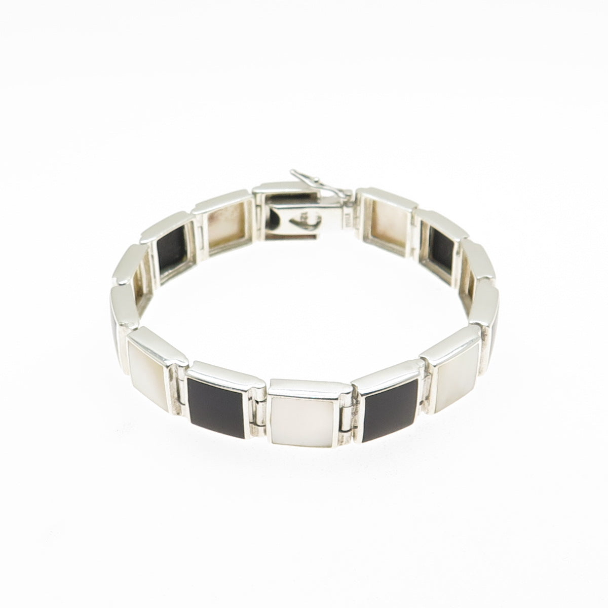 925 Sterling Silver Vintage Real Black Onyx & MOP Panel Link Bracelet 6.5"