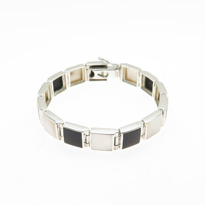 925 Sterling Silver Vintage Real Black Onyx & MOP Panel Link Bracelet 6.5"