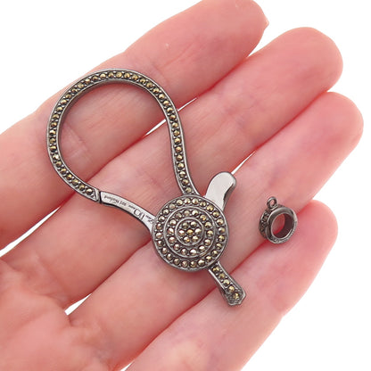 Luv Tia 925 Sterling Silver Black Rhodium Real Marcasite Carabiner Lobster Clasp