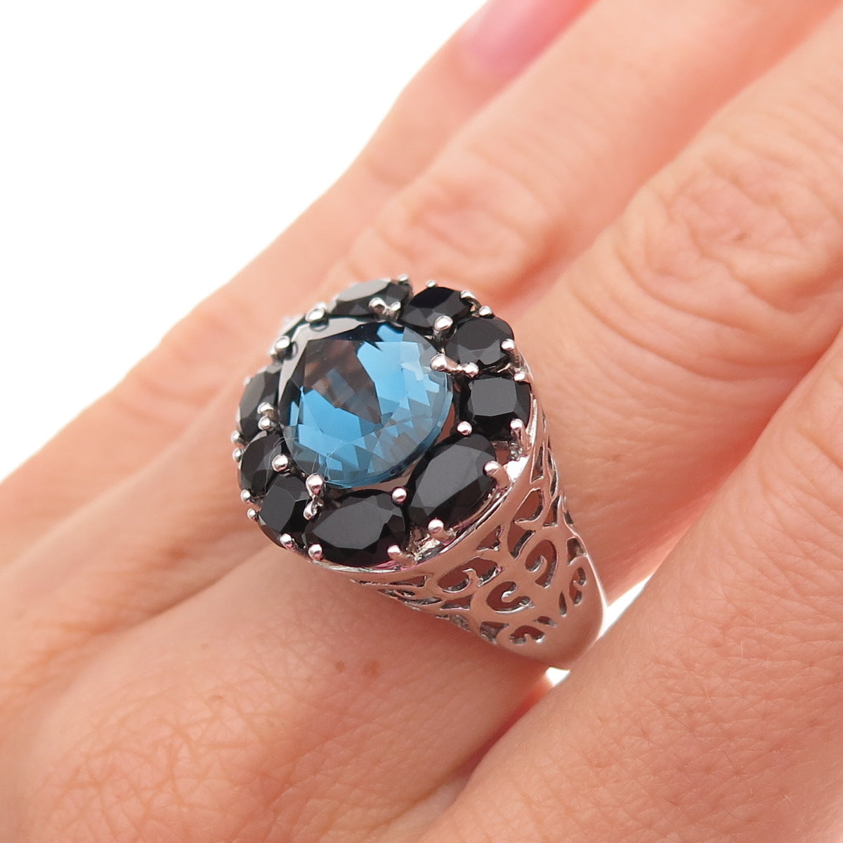 925 Sterling Silver Real London Blue Topaz & Black Spinel Ring Size 6