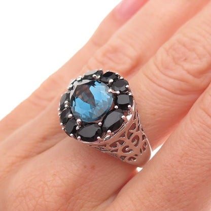 925 Sterling Silver Real London Blue Topaz & Black Spinel Ring Size 6
