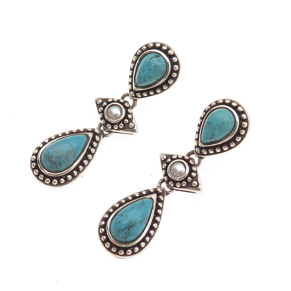 Whitney Kelly 925 Sterling Vintage Real Turquoise & Faux Pearl Dangle Earrings
