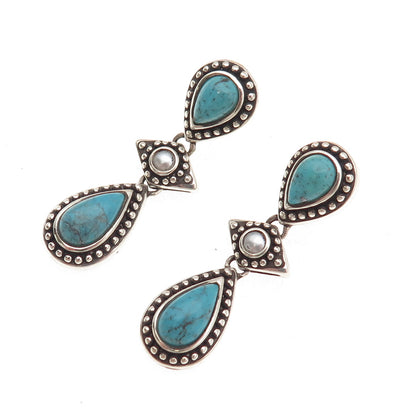 Whitney Kelly 925 Sterling Vintage Real Turquoise & Faux Pearl Dangle Earrings