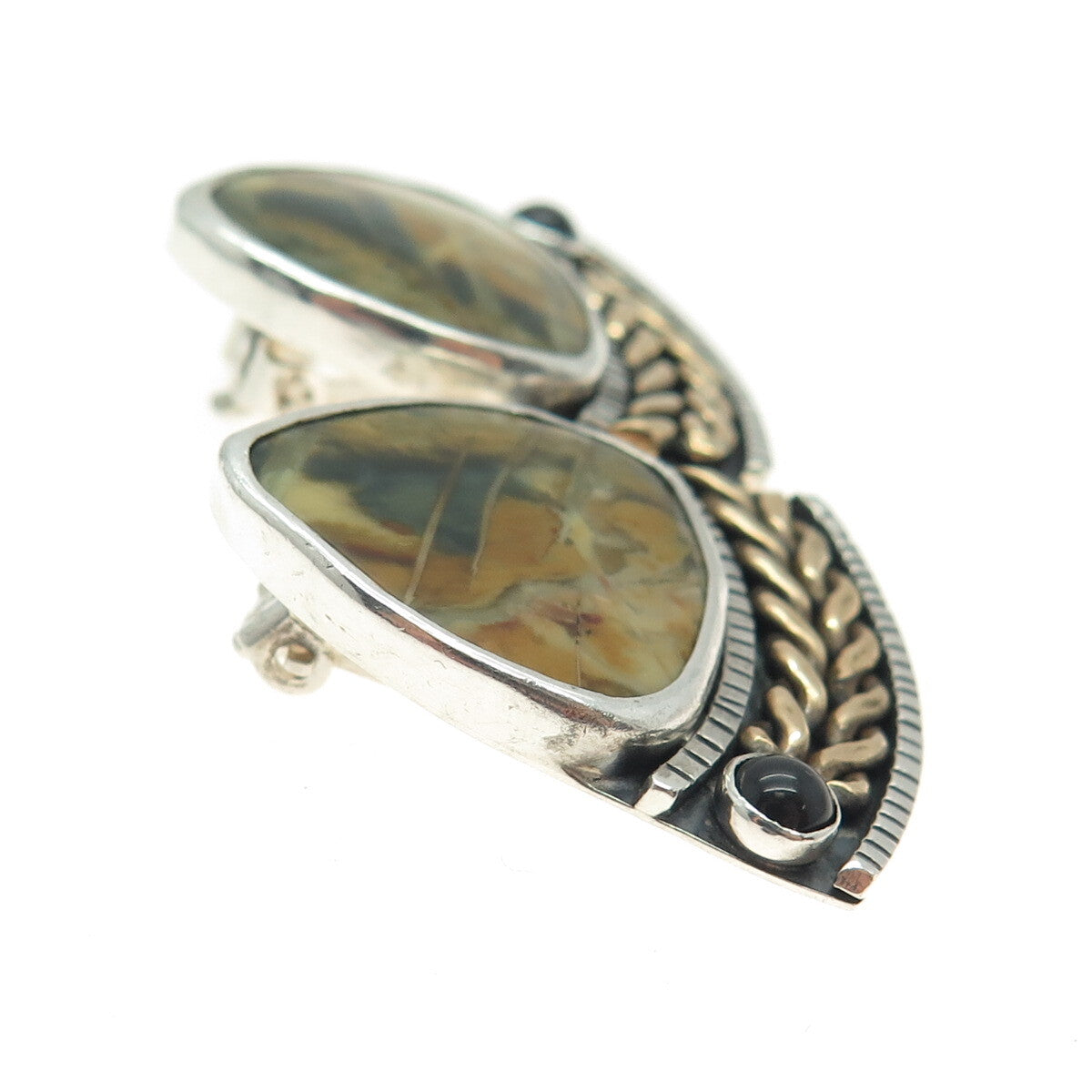 925 Sterling Silver 2-Tone Vintage Real Agate & Onyx Modernist Clip On Earrings