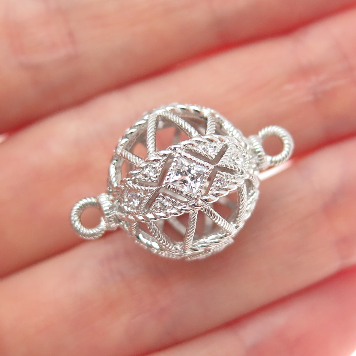 925 Sterling Silver Round-Cut C Z Bead Charm for Bracelet / Necklace