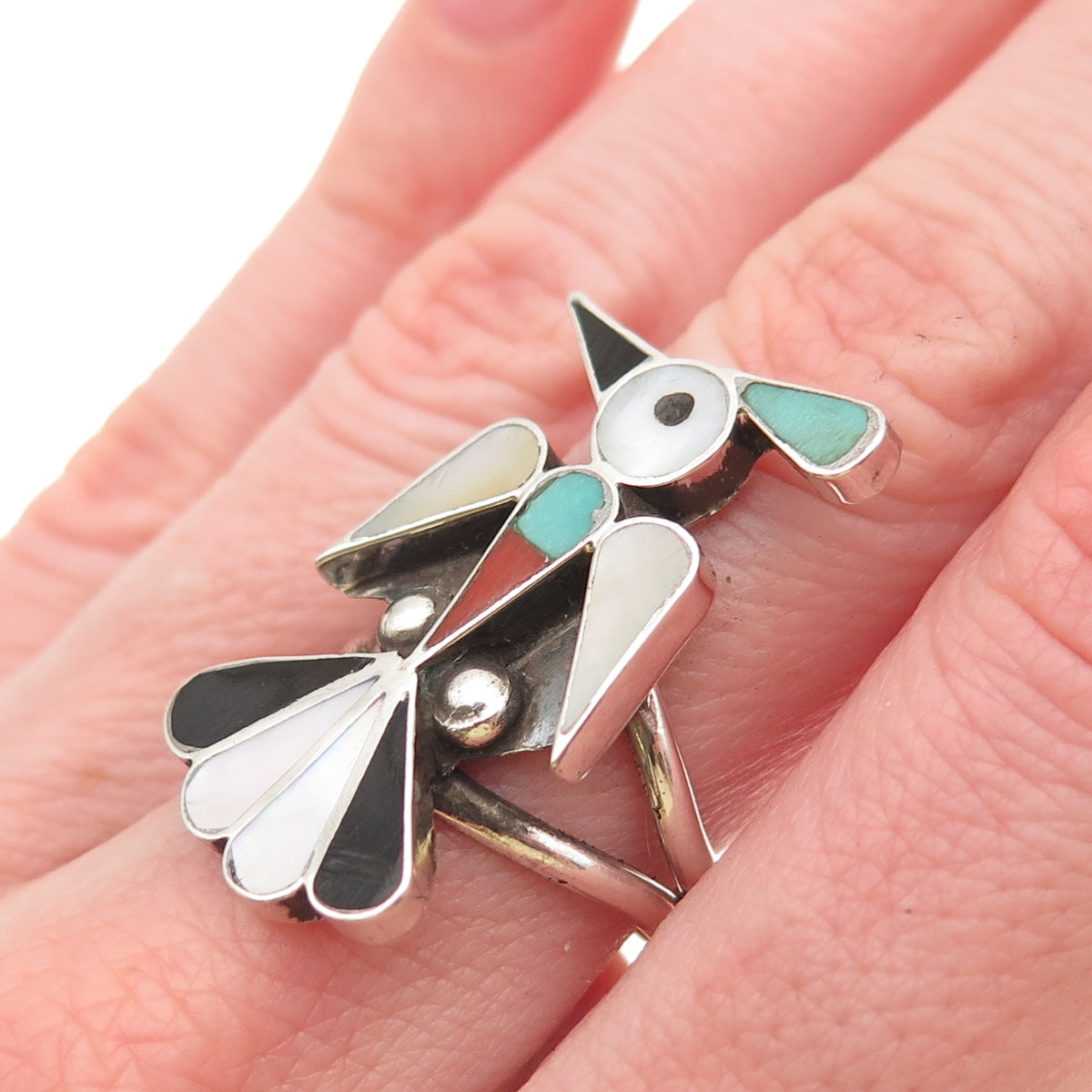 RX ZUNI Old Pawn 925 Sterling Turquoise Coral Onyx & MOP Thunderbird Ring Size 7