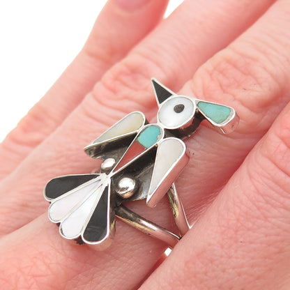 RX ZUNI Old Pawn 925 Sterling Turquoise Coral Onyx & MOP Thunderbird Ring Size 7
