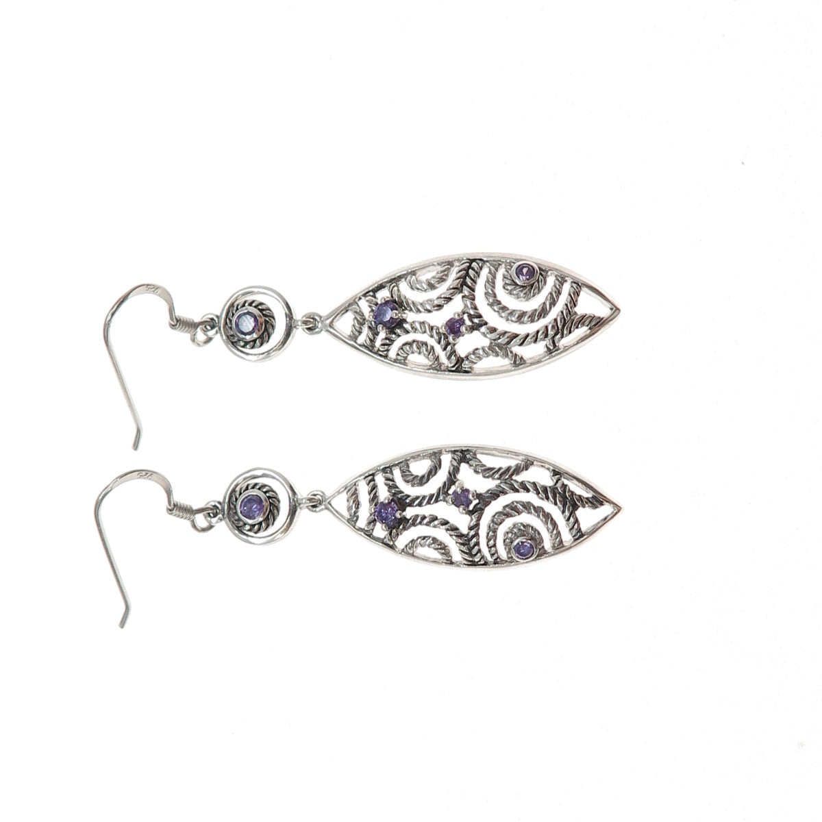925 Sterling Silver Vintage Real Amethyst Ornate Oxidized Dangle Earrings