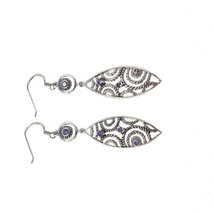 925 Sterling Silver Vintage Real Amethyst Ornate Oxidized Dangle Earrings