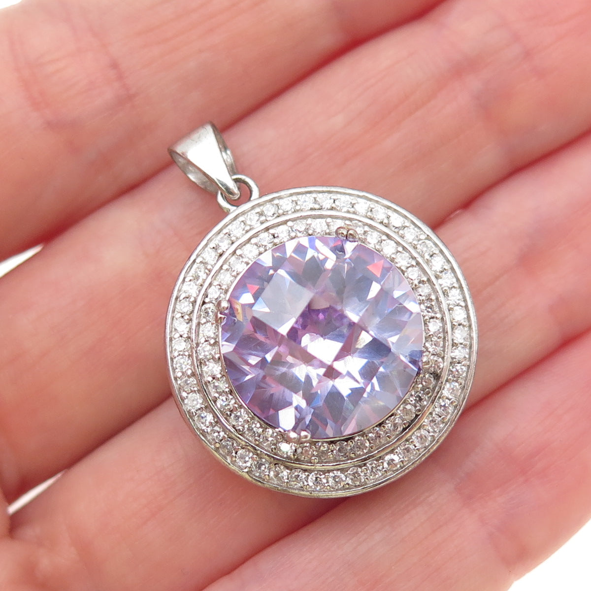 925 Sterling Silver Round-Cut Lavender & White C Z Charm Pendant