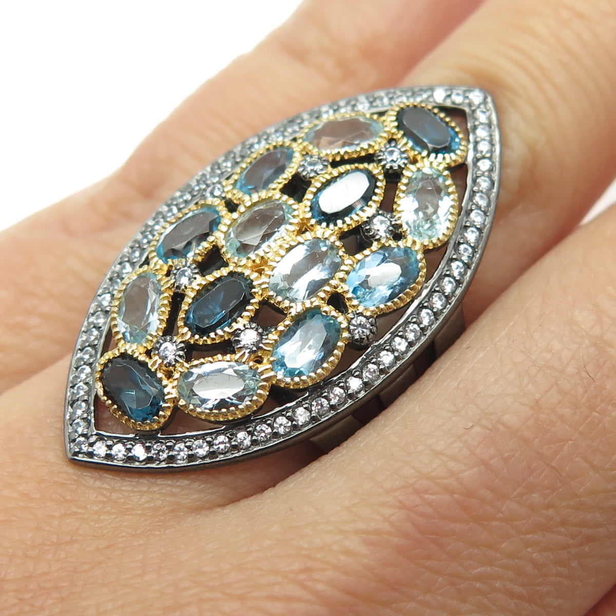 DSMK 925 Sterling White Blue & London Topaz Oxidized Statement Ring Size 6.25