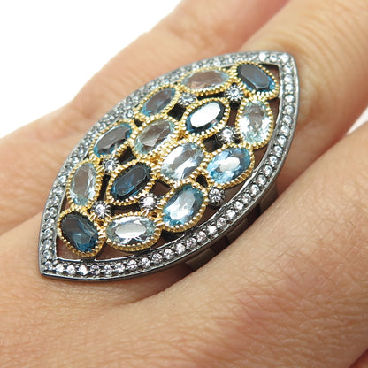 DSMK 925 Sterling White Blue & London Topaz Oxidized Statement Ring Size 6.25