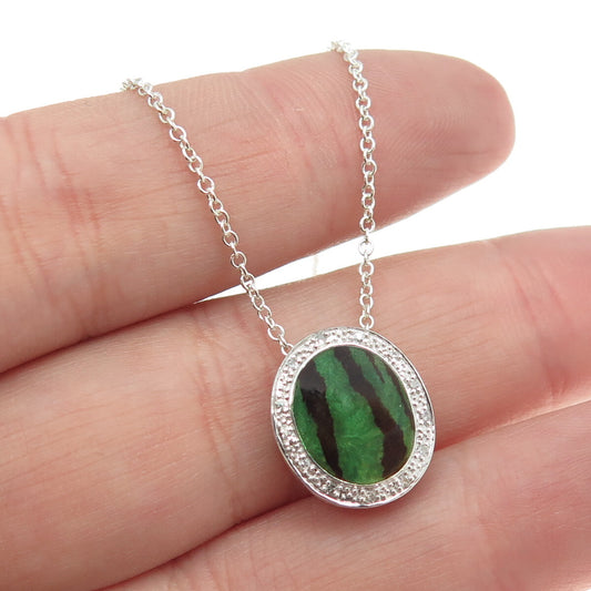 925 Sterling Silver Italy Enamel Real Round-Cut Diamond Chain Necklace 18"