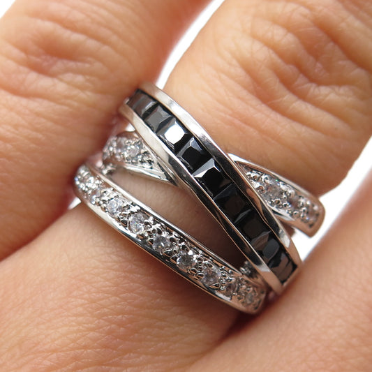 925 Sterling Silver Real Black Spinel & C Z Crisscross Ring Size 7