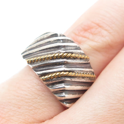 925 Sterling Silver 2-Tone Vintage Mexico Modernist Oxidized Ring Size 6.75