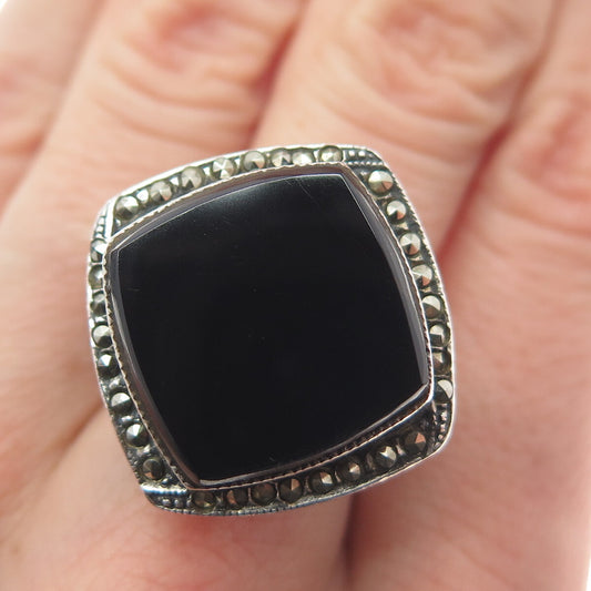 925 Sterling Silver Vintage Real Black Onyx & Marcasite Oxidized Ring Size 9.25