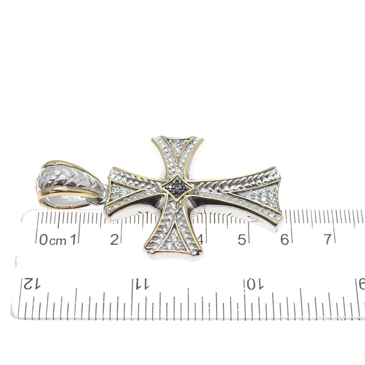 CHAPAL ZENRAY 925 Sterling 2-Tone Real Black Diamond & White Topaz Cross Pendant